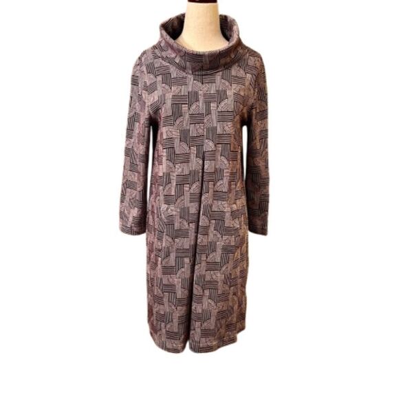 EUC Tyler Boe Purple Gray Geometric Print Kim Cowl Neck Knit Dress Size SMALL - Picture 1 of 3